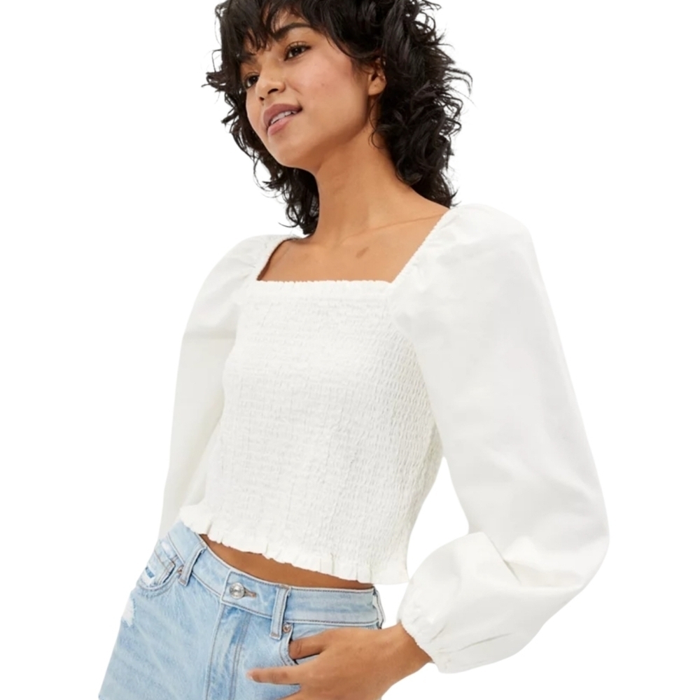 American Eagle Honeycomb Embroidered Long Sleeve Top Ivory Size Medium NWT